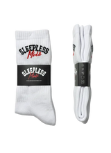 Load image into Gallery viewer, Two pairs of white socks with 'Sleepless Mindz' text on a light background
